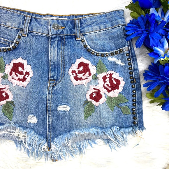 Free People Dresses & Skirts - 🚫SOLD! 💐|•FREE PEOPLE•| Fun Floral Embroidered Studded Jean Skirt!💐